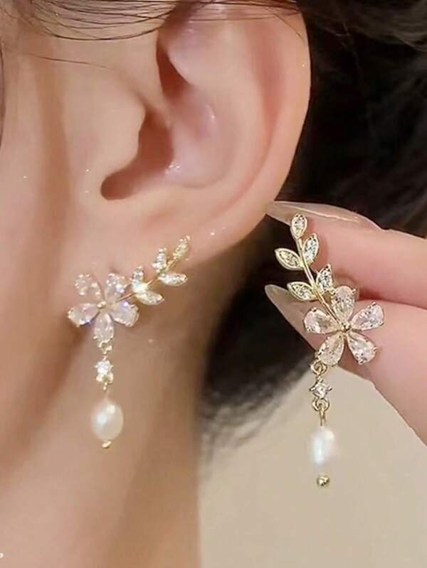 1pair Fashionable Luxurious Ladies' Faux Pearl & Rhinestone Leaf & Flower Drop Earrings Valentines,Mom,Mother,Mother's Day,Gift