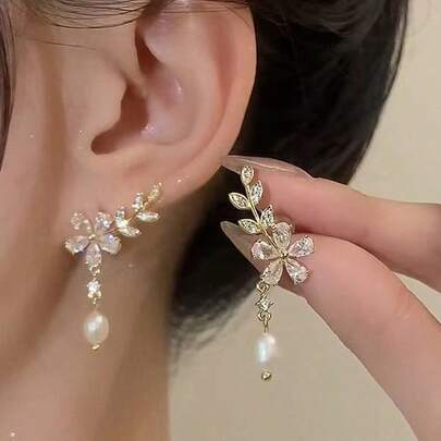 1 cặp hoa tai thả hình lá và hoa đính ngọc trai giả & đá quý thời trang sang trọng cho nữ ngày lễ tình nhân, mẹ, mẹ, ngày của mẹ, quà tặng