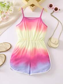 SHEIN 女孩紮染撞色滾邊吊帶連體短褲 - 彩色 - 查看 1