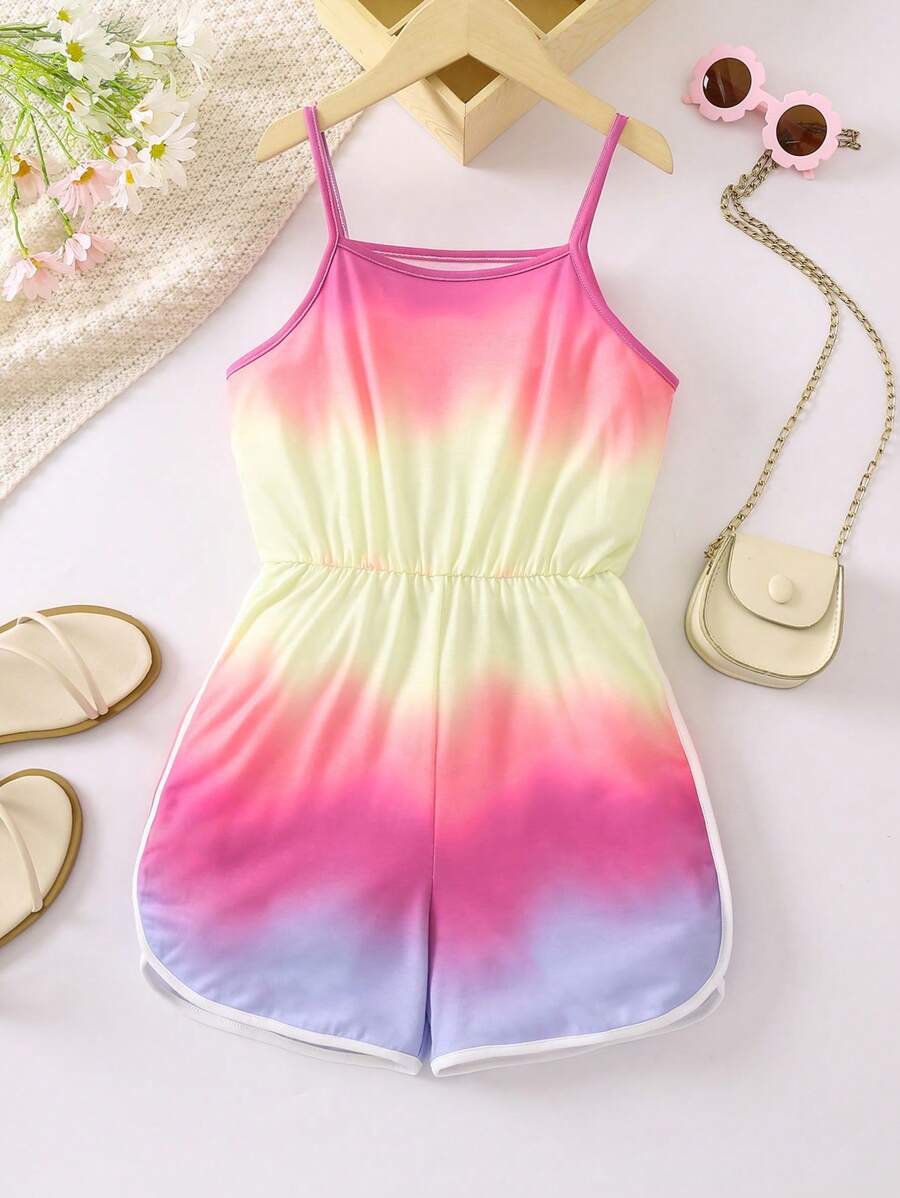 SHEIN 女孩紮染撞色滾邊吊帶連體短褲 - 彩色 - 查看 1