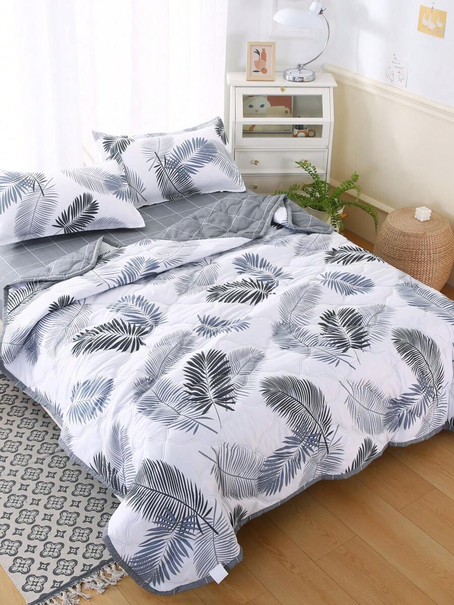 1pc Leaf Pattern Bedspread, Modern Fabric Quilt For Bedroom - Black and White - View 1