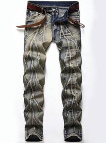 Men Graphic Print Straight Leg Jeans Without Belt - Medium Wash - View 1