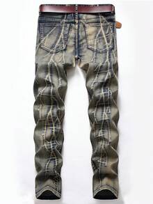 Men Graphic Print Straight Leg Jeans Without Belt - Medium Wash - View 2