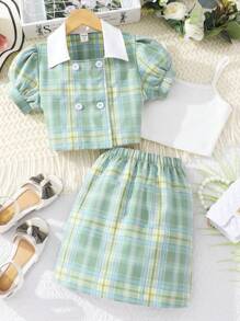 女孩格紋印花泡泡袖襯衫和半身裙和吊帶上衣