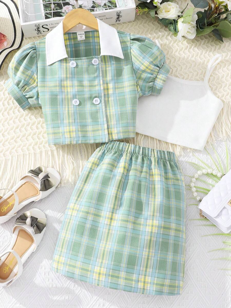 女孩格紋印花泡泡袖襯衫和半身裙和吊帶上衣