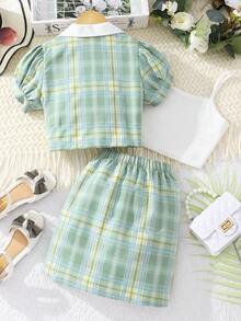女孩格紋印花泡泡袖襯衫和半身裙和吊帶上衣