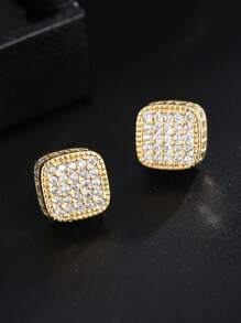 Men Cubic Zirconia Square Stud Earrings Copper Punk Hip Pop Style , For Jewelry Gift And Party - Yellow Gold - View 2