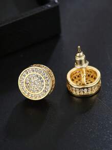 Men Cubic Zirconia Decor Round Stud Earrings Copper Punk Hip Pop Style, For Jewelry Gift And Party
