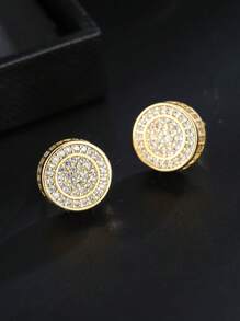 Men Cubic Zirconia Decor Round Stud Earrings Copper Punk Hip Pop Style, For Jewelry Gift And Party