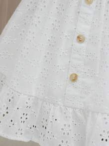 Vestido Para Bebé Niña Con Manga Abullonada, Bordado De Ojal Y Dobladillo Con Volantes - Blanco - Ver 3