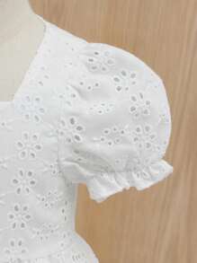 Vestido Para Bebé Niña Con Manga Abullonada, Bordado De Ojal Y Dobladillo Con Volantes - Blanco - Ver 4