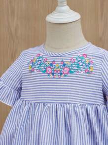 SHEIN 嬰兒條紋圖案和印花荷葉袖連衣裙 - 藍白色 - 查看 3