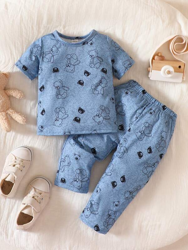 SHEIN Playful Pals Baby Boy Cartoon Print Tee & Pants