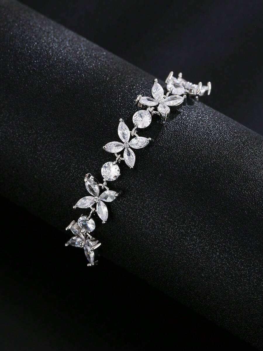 1 Mảnh Cubic Zirconia Trắng Có Thể Điều Chỉnh Hoa Charm Bạc Vòng Tay Cho Phụ Nữ Trang Sức Thời Trang Valentine - Bạc - Xem 1