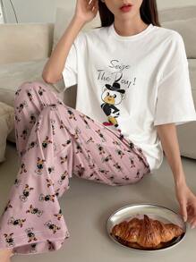 DAZY Cartoon & Letter Graphic Drop Shoulder Tee & Trousers Lounge Set - Multicolor - View 4