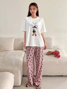 DAZY Cartoon & Letter Graphic Drop Shoulder Tee & Trousers Lounge Set - Multicolor - View 7