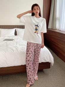 DAZY Cartoon & Letter Graphic Drop Shoulder Tee & Trousers Lounge Set - Multicolor - View 8