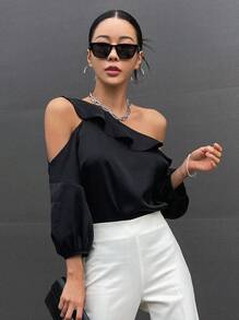Asymmetrical Neck Ruffle Trim Blouse Without Necklace - Black - View 3