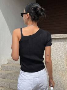 DAZY 素色不對稱領條紋針織上衣 - 黑色 - 查看 2