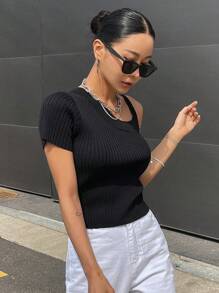 DAZY 素色不對稱領條紋針織上衣 - 黑色 - 查看 5