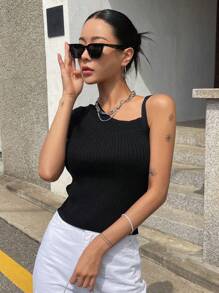 DAZY 素色不對稱領條紋針織上衣 - 黑色 - 查看 6