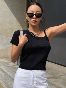 DAZY 素色不對稱領條紋針織上衣 - 黑色 - 查看 7