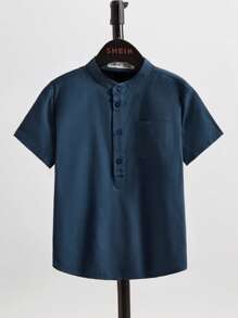 SHEIN 男孩小立領口袋貼布襯衫 - 藏蓝色 - 查看 1