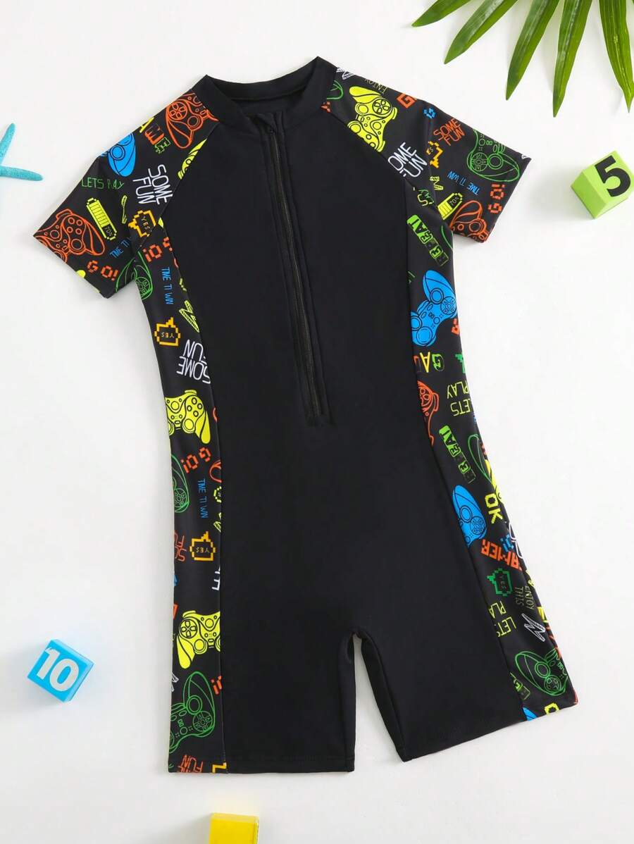 Tween Boy Gamepad Print Zipper Front One Piece Swimsuit - Multicolor - View 1