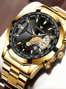 1pc Waterproof Gold Stainless Steel Watch With Date Display, Luminous Hands, Quartz Movement - High-Quality Luxury Gift For Men's Special Occasions - Gold - View 1