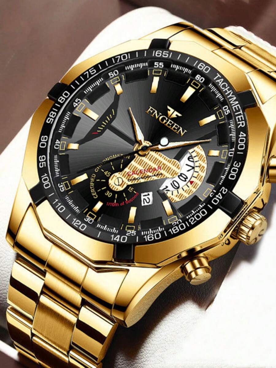 1pc Waterproof Gold Stainless Steel Watch With Date Display, Luminous Hands, Quartz Movement - High-Quality Luxury Gift For Men's Special Occasions - Gold - View 1