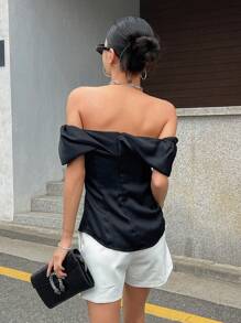 DAZY Off Shoulder Fold Pleated Detail Blouse - Black - View 2