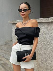 DAZY Off Shoulder Fold Pleated Detail Blouse - Black - View 5