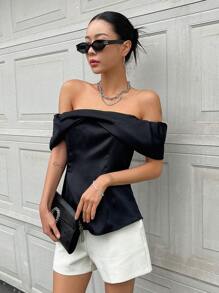 DAZY Off Shoulder Fold Pleated Detail Blouse - Black - View 7