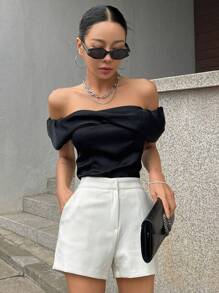 DAZY Off Shoulder Fold Pleated Detail Blouse - Black - View 8