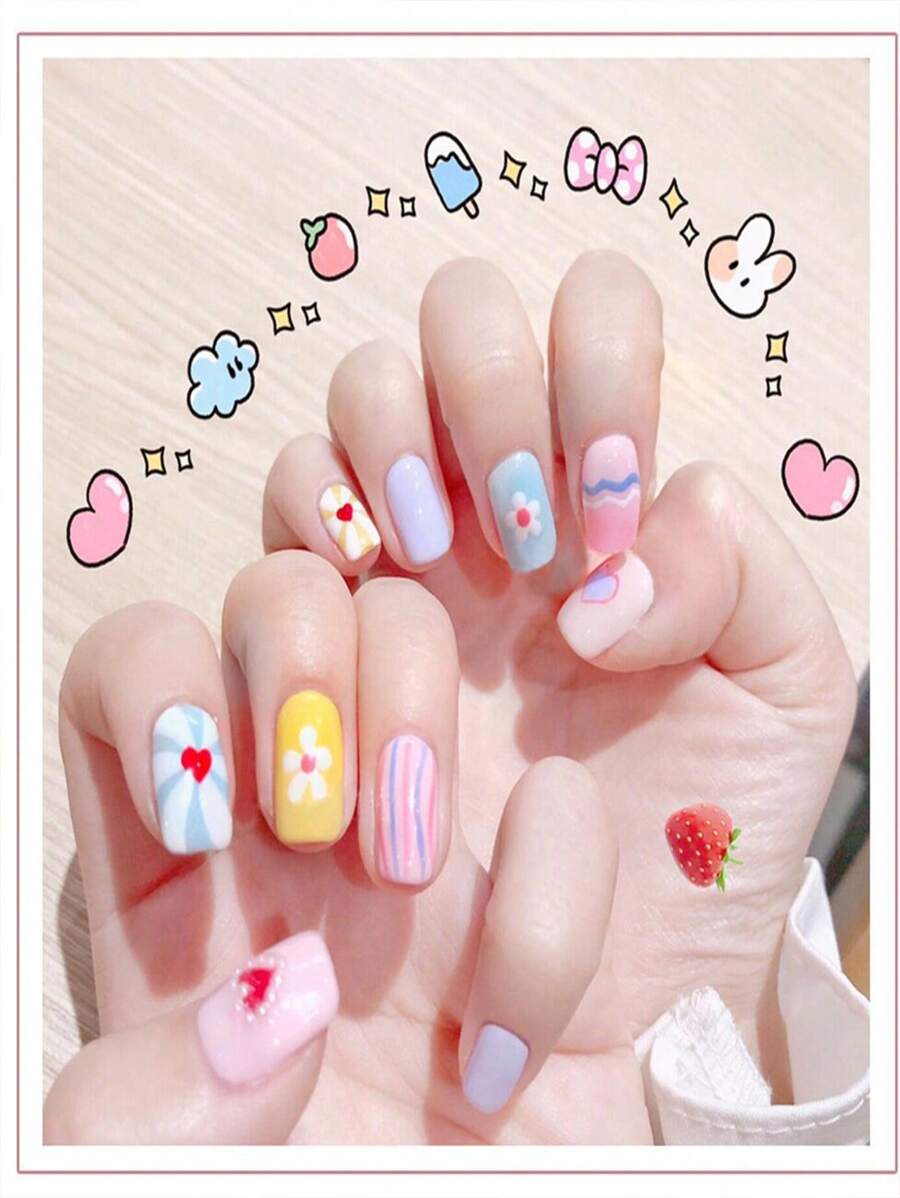 1张花卉图案美甲贴纸和1个指甲锉，DIY美甲贴纸 - 彩色 - 查看 1