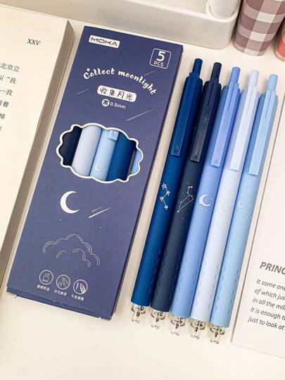 5pcs Moon & Star Pattern Press Type Gel Pen, Simple Multi-Purpose Gel Rollerball Pen Set For Painting, Writing Back To School