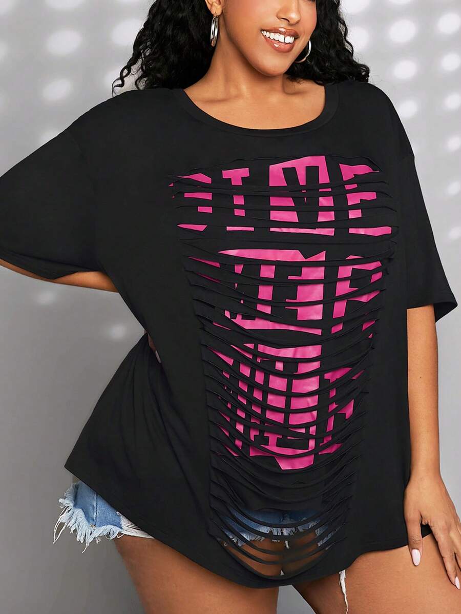 SHEIN CURVE+ Plus Letter Graphic Drop Shoulder Tee - Black - View 1