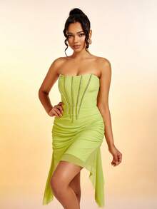 Đầm Vắt Pha lê kim cương Xù màu trơn Gợi cảm - Màu xanh chanh - Xem 6