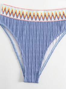 鋸齒紋織帶單肩比基尼泳裝 - 藍色 - 查看 6