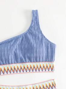 鋸齒紋織帶單肩比基尼泳裝 - 藍色 - 查看 7