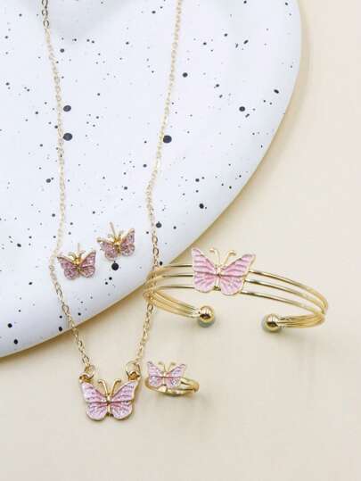 5pcs Girls Butterfly Decor Zinc Alloy Cute Jewelry Set For Gift