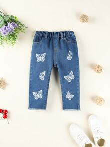 Baby Butterfly Print Raw Hem Jeans - Medium Wash - View 1
