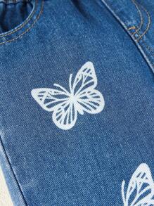 Baby Butterfly Print Raw Hem Jeans - Medium Wash - View 4