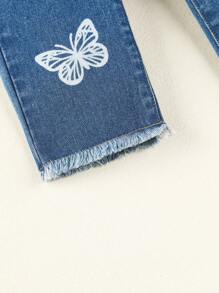 Baby Butterfly Print Raw Hem Jeans - Medium Wash - View 7