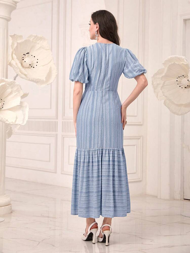 Striped Print Puff Sleeve Ruffle Hem Dress Without Belt