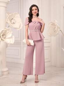 Modelyn Off Shoulder Peplum Top & Wide Leg Pants Without Belt - Dusty Pink - View 1