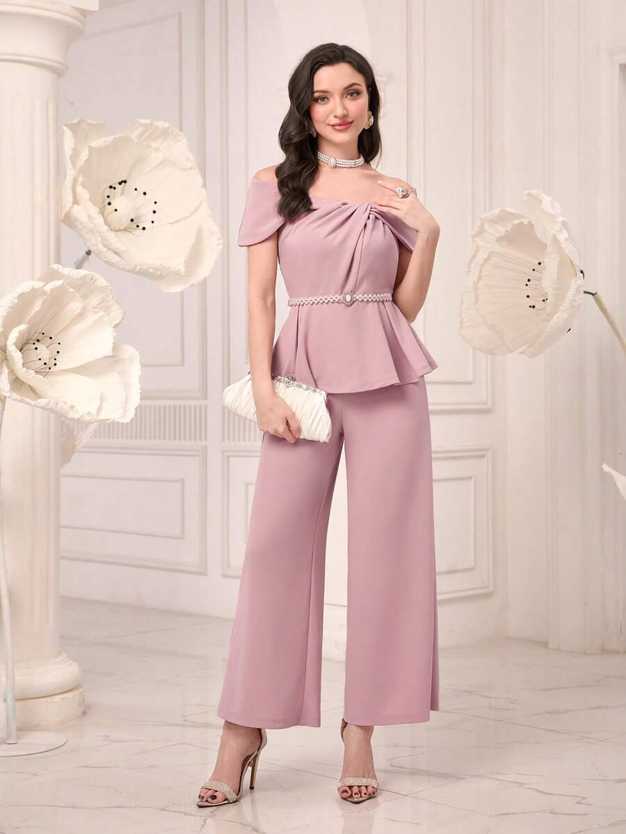 Modelyn Off Shoulder Peplum Top & Wide Leg Pants Without Belt - Dusty Pink - View 1