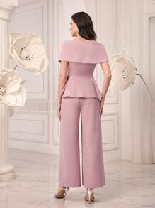 Modelyn Off Shoulder Peplum Top & Wide Leg Pants Without Belt - Dusty Pink - View 2