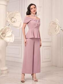 Modelyn Off Shoulder Peplum Top & Wide Leg Pants Without Belt - Dusty Pink - View 3