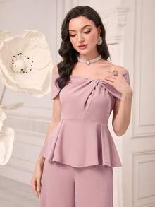 Modelyn Off Shoulder Peplum Top & Wide Leg Pants Without Belt - Dusty Pink - View 4